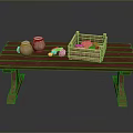 Rustic Wooden Table With Clay Jars Red Berries Nuts And Bread Crate