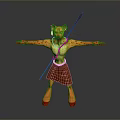 Anthropomorphic Beast Character With Yellow Body Red Spots Brown Skirt Spear And Outstretched Arms