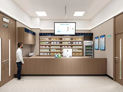 Modern Pharmacy Interior With Counter Medicine Shelves Display Screen And Medicines 3d model