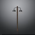 Outdoor Street Lamp With Brown Wooden Pole And Two Silver Lampshades