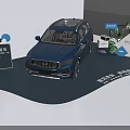 Car Showroom Showcasing Blue SUV With Direction Signs Green Plants And Display Stands