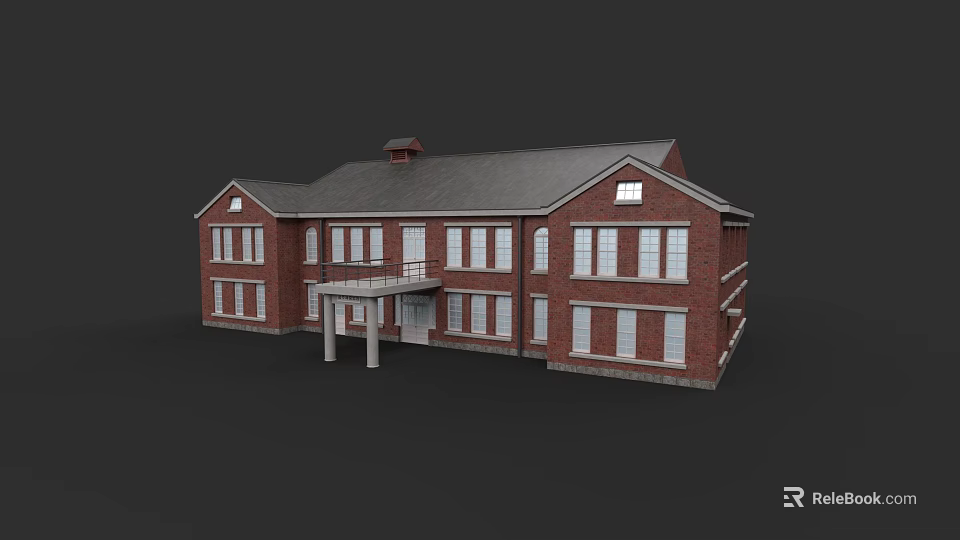 Red Brick Hospital Building With Columned Entrance Multiple Windows And Grey Roof 3d model 