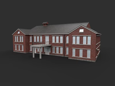 Red Brick Hospital Building With Columned Entrance Multiple Windows And Grey Roof 3d model