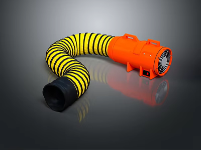 Orange Portable Ventilation Blower With Yellow Black Striped Flexible Hose For Industrial Air Circulation 3d model