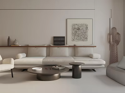 Modern Minimalist Living Room With White Sofa Wooden Shelf And Round Coffee Table 3d model
