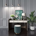 Modern Dressing Table With Mirror Table Lamp Green Plant And Decorative Stool 3d model