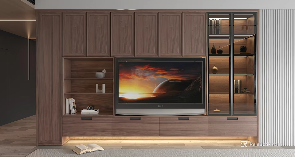 Modern Wooden TV Wall Unit With Open Shelves Drawers TV Screen And Decorative Items 3d model 
