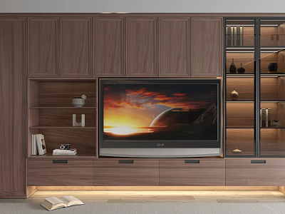 Modern Wooden TV Wall Unit With Open Shelves Drawers TV Screen And Decorative Items 3d model