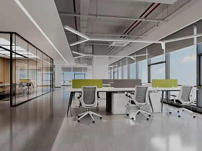 Modern Public Office Space With Open Workstations Glass Partitions And Green Dividers 3d model