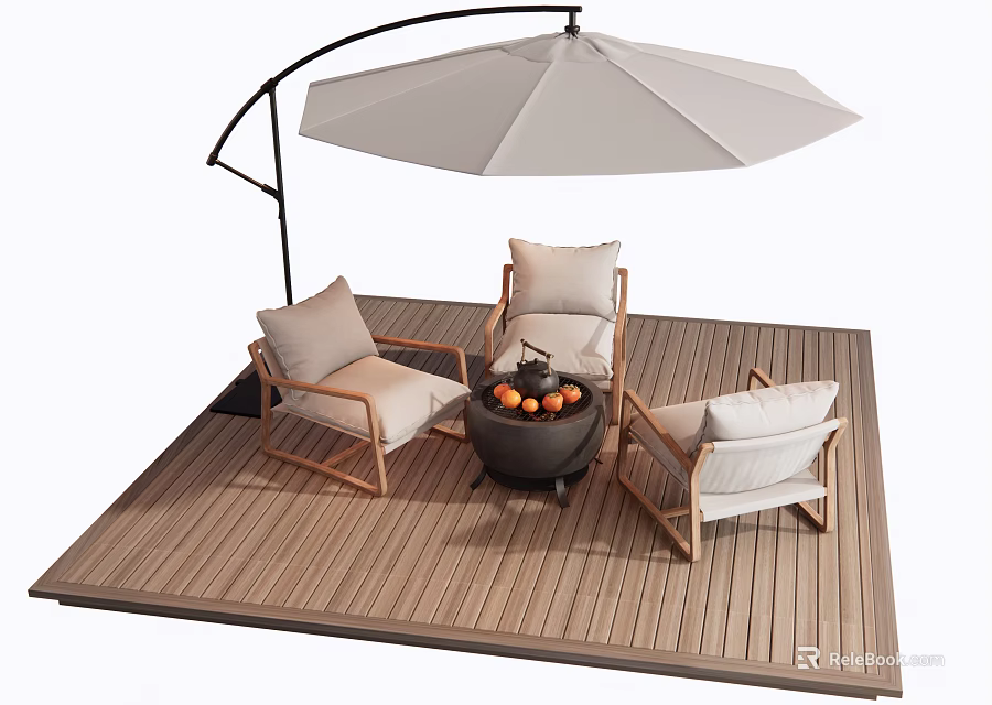 Comfortable Outdoor Chairs On Wooden Deck With Curved Umbrella Fire Pit And Fruits 3d model 