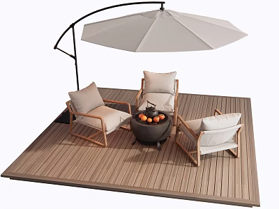 Comfortable Outdoor Chairs On Wooden Deck With Curved Umbrella Fire Pit And Fruits 3d model
