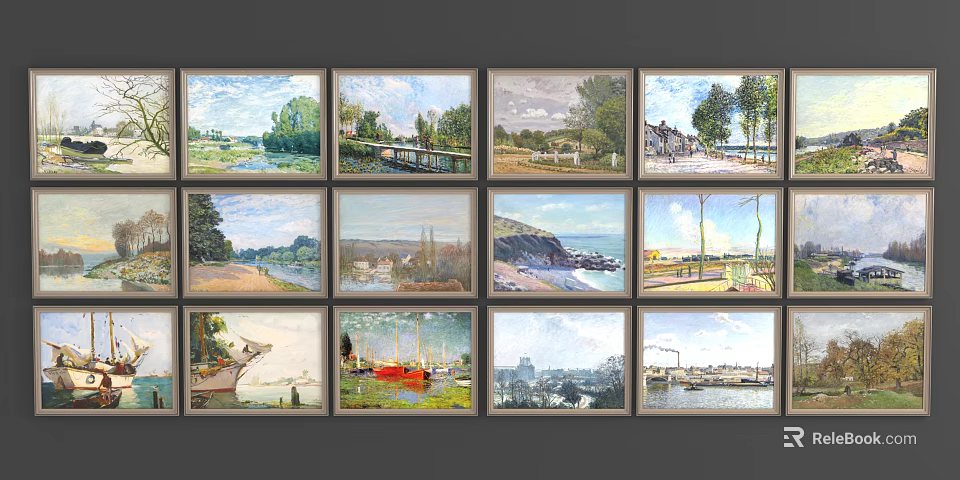 Multiple Framed Landscape Paintings Arranged on Wall Featuring Various Scenic Views 3d model 