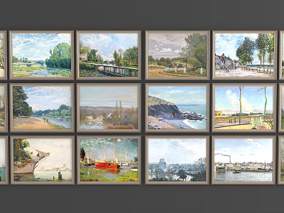 Multiple Framed Landscape Paintings Arranged on Wall Featuring Various Scenic Views 3d model