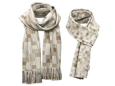 Two Beige Brown Checkered Scarves with Tassels and Textured Pattern 3d model