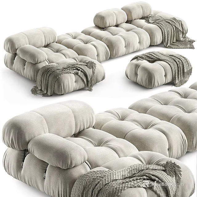 Light Beige Irregular Shaped Sofa With Plush Velvet Tufted Design And Knitted Blanket 3d model 