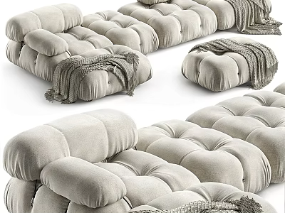 Light Beige Irregular Shaped Sofa With Plush Velvet Tufted Design And Knitted Blanket 3d model