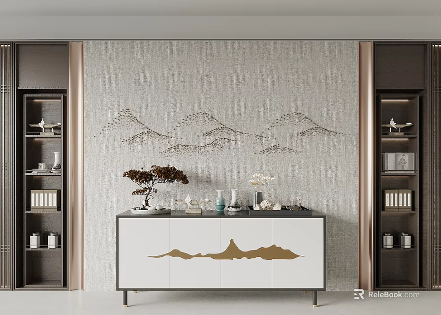 Modern Console Table Interior with Mountain Pattern Wall and Decorative Items 3d model