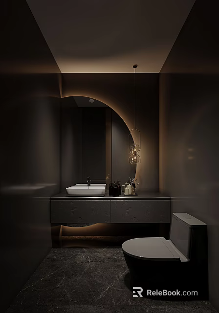 Modern Bathroom Interior With Circular Mirror Sleek Vanity And Warm Lighting 3d model