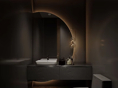 Modern Bathroom Interior With Circular Mirror Sleek Vanity And Warm Lighting 3d model