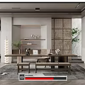 Quiet study room rattan desk and chair combination partition 3d model