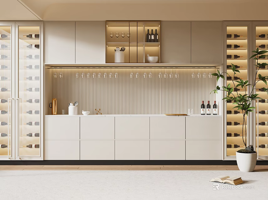 Elegant Modern Wine Cabinet Interior Design With Glass Holder Wine Bottles LED Lighting And Plants 3d model 