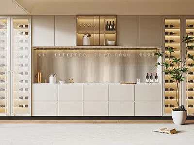 Elegant Modern Wine Cabinet Interior Design With Glass Holder Wine Bottles LED Lighting And Plants 3d model
