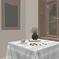 Decorative Ornament Combination Featuring Purple Flowers Vase Pink Cup Fruits On White Tablecloth By Window