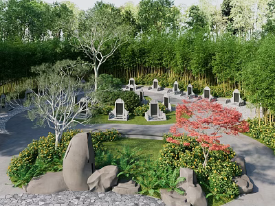 Lush Serene Park Landscape With Tombstones Trees Greenery Rocks And Winding Paths 3d model