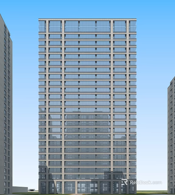 Modern High Rise Residential Building With Many Windows And Blue Sky Background 3d model 