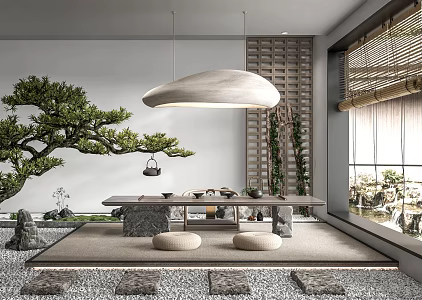 New Chinese Style Tea Room Tatami Tea Room Tea Table and Chair Combination Landscape Pine Landscape Sick Chandelier Rock Stone 3d model