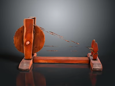 Traditional Handcrafted Wooden Equipment With Large Wheel Metal Wires And Support Stand 3d model