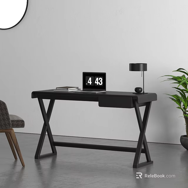 Stylish Black Desk With Tablet Displaying 4 43 Table Lamp Chair And Green Plant 3d model 