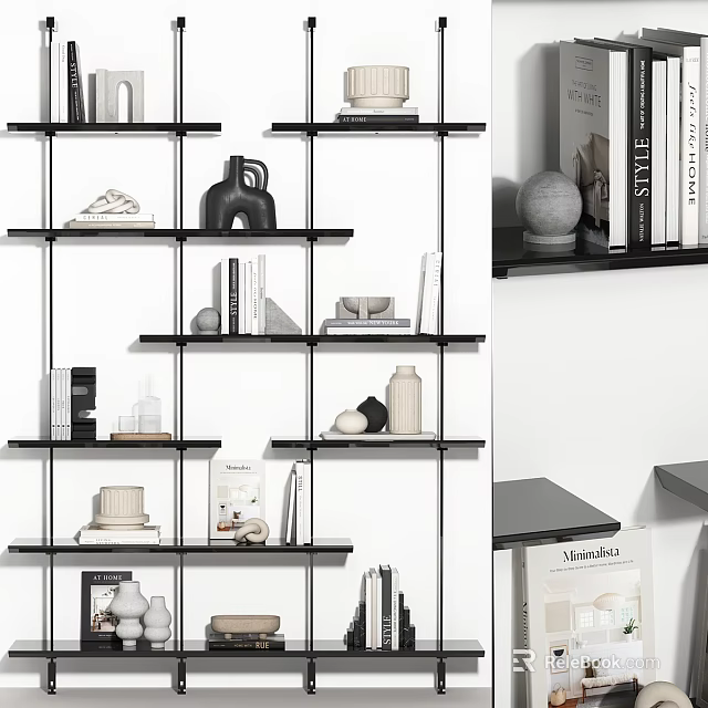 Modern Open Shelf Unit With Black Frame White Shelves And Decorative Items 3d model 