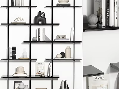 Modern Open Shelf Unit With Black Frame White Shelves And Decorative Items 3d model