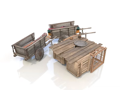 Vintage Wooden Carts And Market Stalls With Rustic Wooden Cages Display Setup 3d model