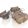 Vintage Wooden Carts And Market Stalls With Rustic Wooden Cages Display Setup