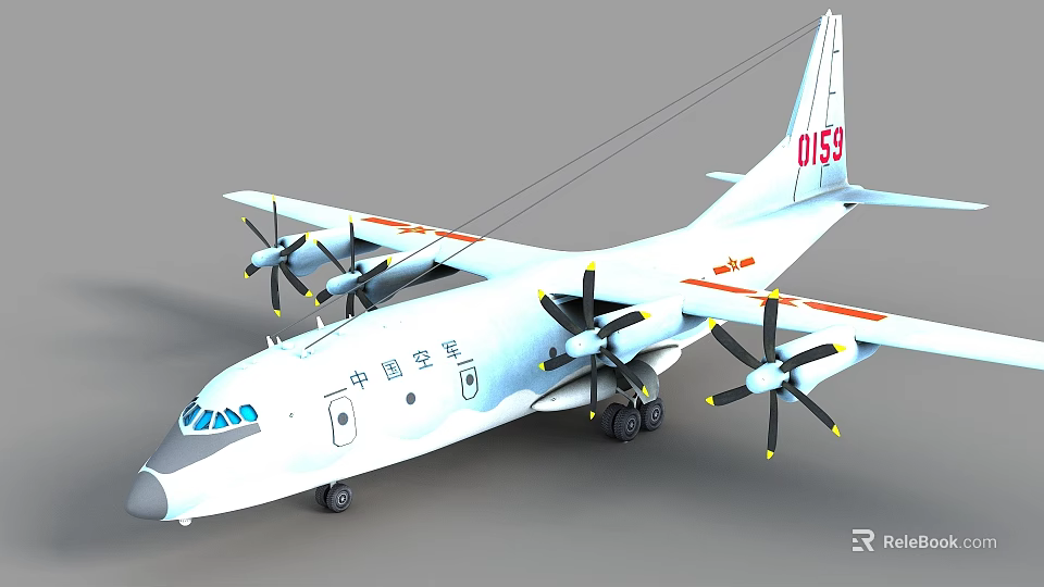 Chinese Air Force Fighter Jet With White Body and Propeller Engines Tail Number 0159 3d model 