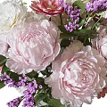 Pink Peonies and Purple Blooms in Clear Glass Vase with Gold Accent Design
