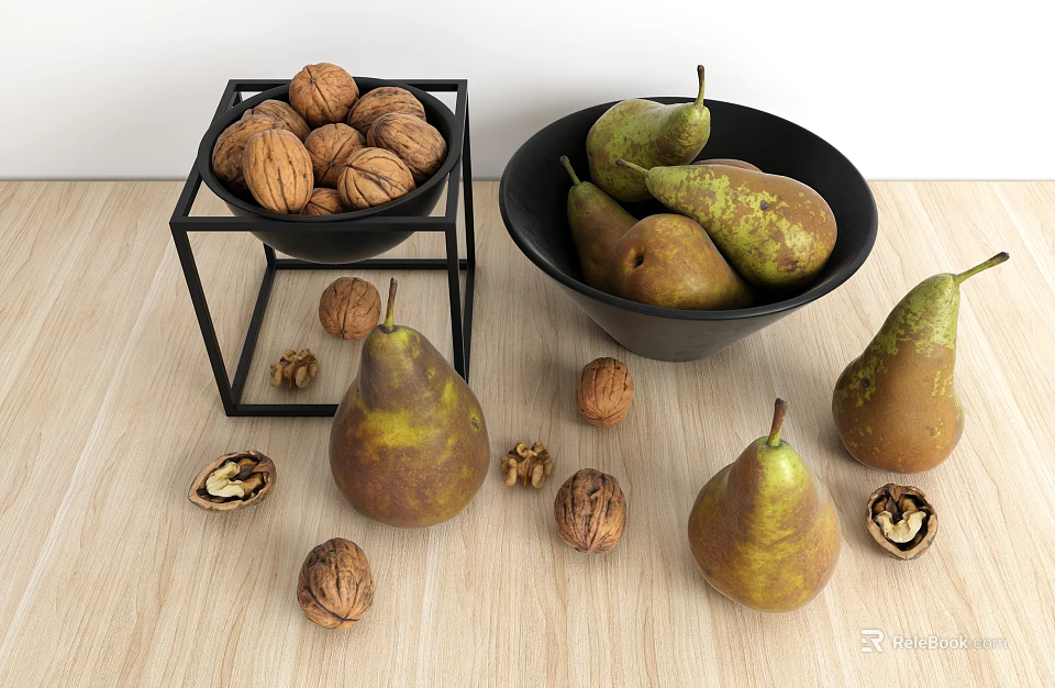 Ripe Pears and Walnuts in Black Bowls and Stand on Wooden Table 3d model 