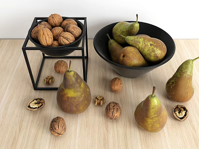 Ripe Pears and Walnuts in Black Bowls and Stand on Wooden Table 3d model