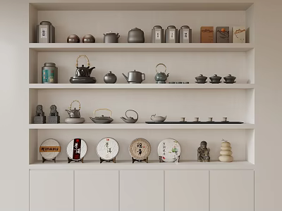 Tea Sets Displayed On White Multi Tiered Shelves With Round Patterned Plates And Small Ornaments 3d model