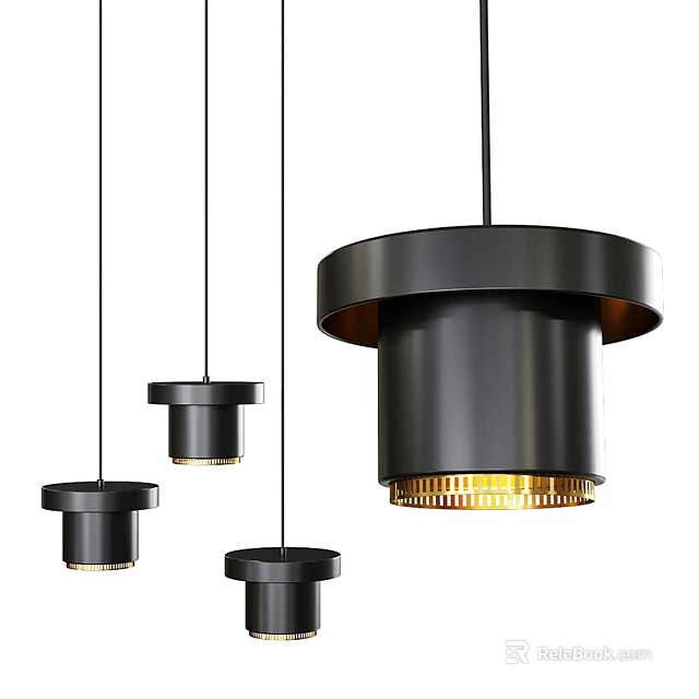 Multiple Hanging Modern Black Pendant Lights With Warm Yellow Glow 3d model