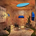 Cave Style Private Box with Circular Skylight Windows Tables Chairs and Plants 3d model