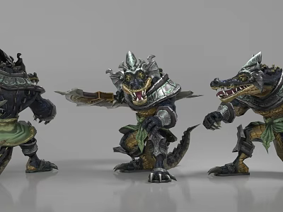 Game Fantasy Crocodile Warrior Characters In Detailed Armor With Different Poses 3d model