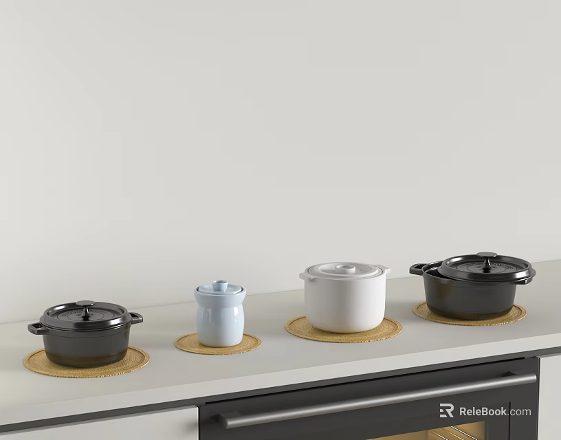 Cooking Pots Container And Cup On White Countertop With Brown Round Mats 3d model 