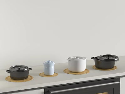 Cooking Pots Container And Cup On White Countertop With Brown Round Mats 3d model