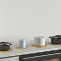 Cooking Pots Container And Cup On White Countertop With Brown Round Mats