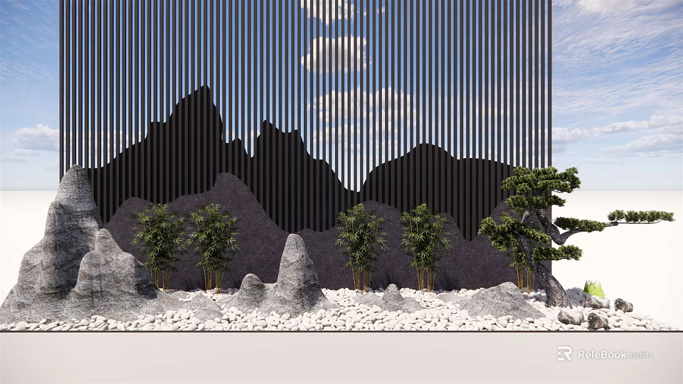 Garden Ornament Design With Mountain Shaped Silhouettes Vertical Slats And Small Trees On Pebble Ground 3d model 