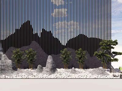Garden Ornament Design With Mountain Shaped Silhouettes Vertical Slats And Small Trees On Pebble Ground 3d model