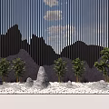Garden Ornament Design With Mountain Shaped Silhouettes Vertical Slats And Small Trees On Pebble Ground